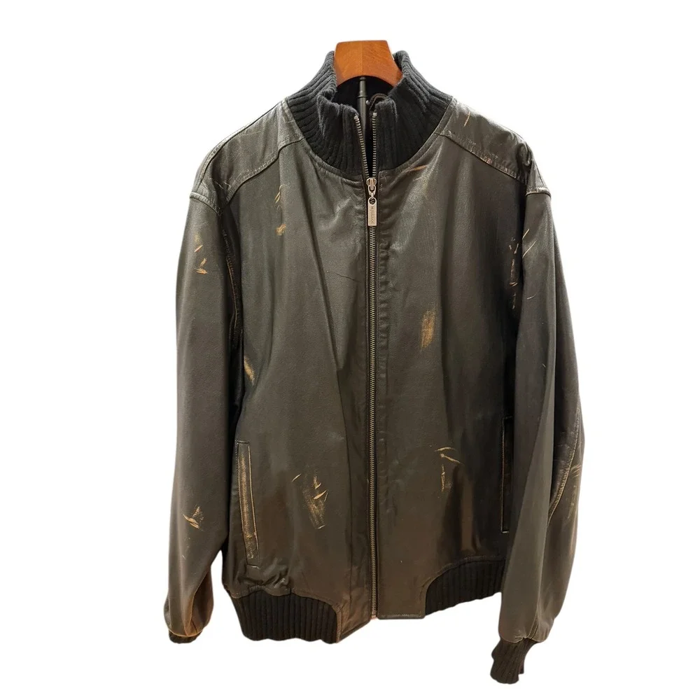 Vtg Y2K M. Julian Wilson Leather Moto Distressed Bomber Jacket Black Brown Sz XL